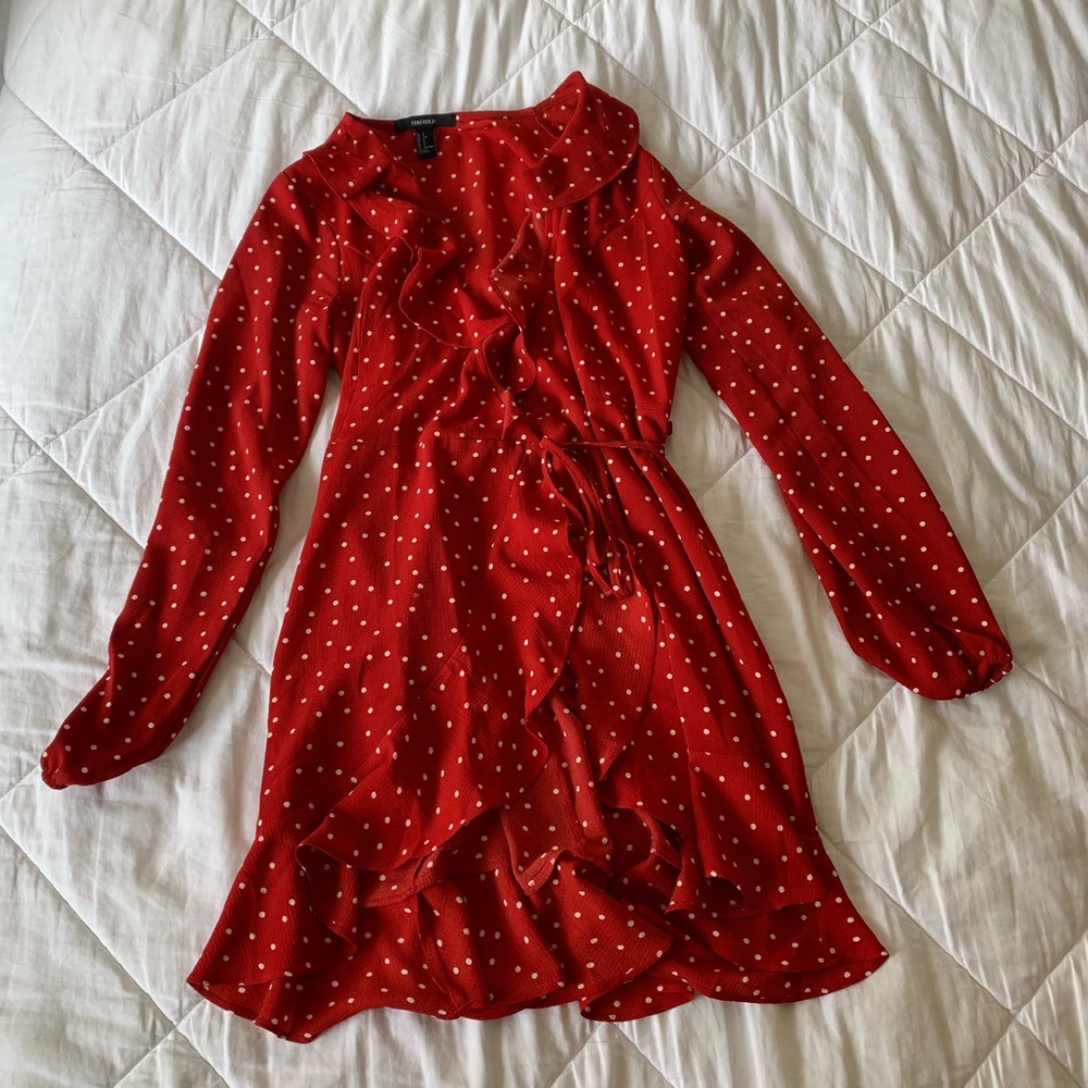 red polka dot wrap dress